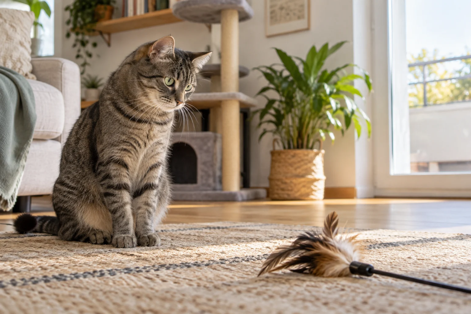 Chat tigré assis dans un salon devant un jouet à plume posé au sol