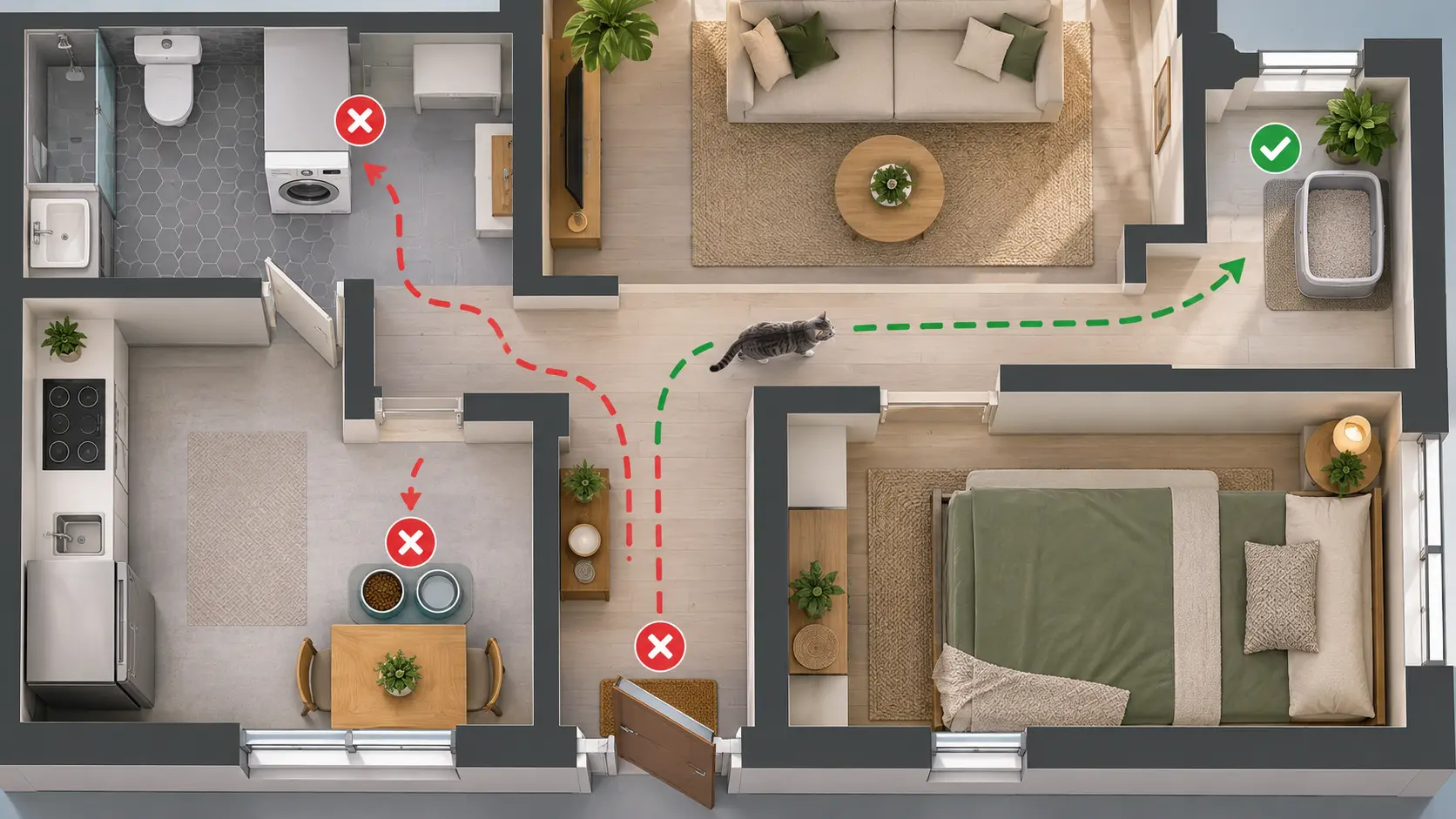 Plan simplifié d'un logement montrant un bac dans un coin calme, loin des gamelles, du lave-linge, de la porte et du couloir